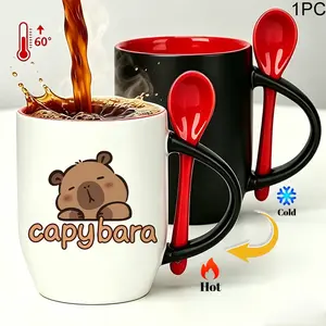 Funny Capybara Magic Color Changing Mug with Spoon, Heat Activated Coffee Cup, Unique Birthday Gift for Capybara Fans & Animal Lovers