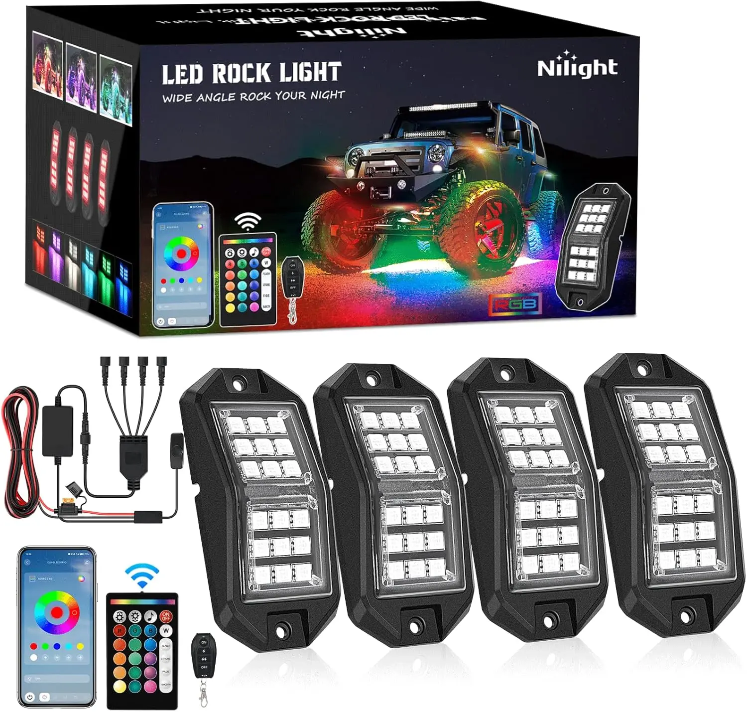 Nilight RGB LED Rock Lights Kit, 4 PCS 18LED Wide Angle Beam RGB LED Lighting with Remote & Bluetooth App Dual Control Multi Modes Underglow Neon Pod for ATV, Offroad Trucks, Boats Multifunctional Car Led