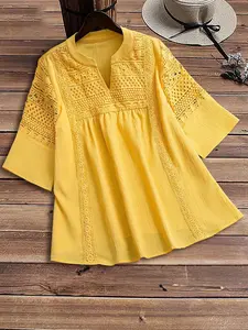 Plus Size Women's Lace Patchwork Woven Shirt, Casual Fashion Blouse, Elegant Long Sleeve Top, Spring & Fall Clothing, Comfortable Loose Fit, Feminine, Womenswear