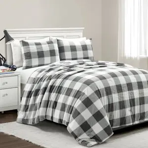 Lush Decor Plaid Ultra Soft Faux Fur All Season Comforter Set - 2 Or 3 Piece Set with Matching Sham, Farmhouse Style Bedding