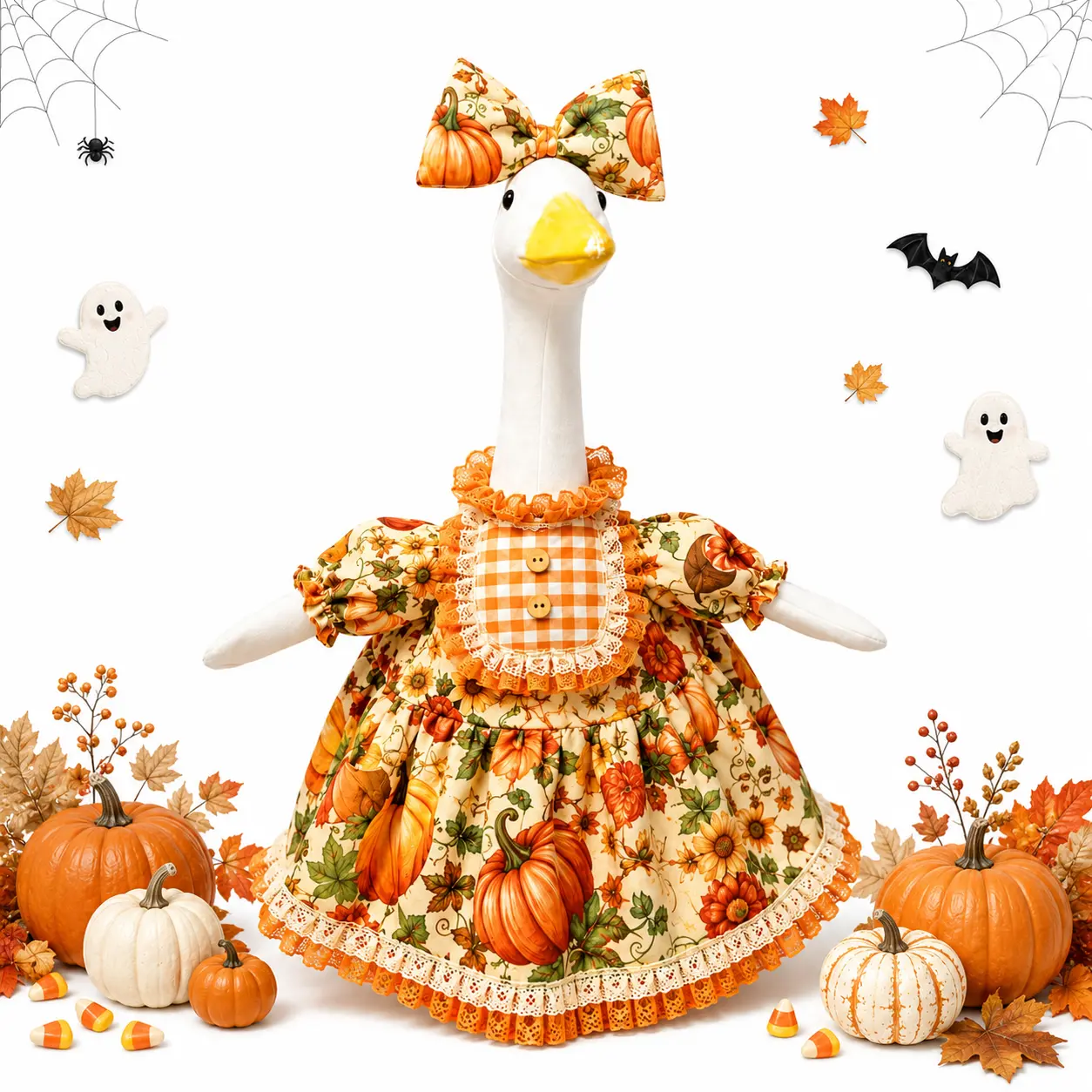 Fall Pumpkin Goose Outfit for 23 Inch Goose Statue, Harvest Dress with Bow, Lace, Floral and Ruffle Details for Thanksgiving Porch, Farmhouse and Garden Decor, Goose Not Included