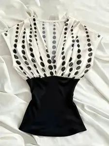 Black & White Polka Dot Colorblock Top – V-Neck Cap Sleeve Ruched Blouse for Women, Elegant Slim Fit Ribbed Waist, Retro & Chic Aesthetic, Flattering Waist Cinching Design, Versatile Office & Casual Top for Trendy Style Lovers