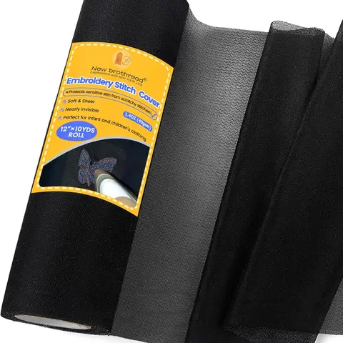 New Brothread Polyester Embroidery Stitch Cover - 12"x10yd Iron-On Fusible Stabilizer, Lightweight Almost Invisible Sheer Gauze Mesh, Cut-to-Fit 12", Tender Protective Baby-Wears Safe, Dark Fabric Match, Scratch-Free Wear, Interfacing Compatible