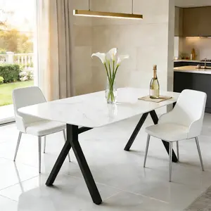 Modern 51.2" Rectangular Dining Table for 4-6, White Faux Marble Tempered glass Kitchen Table with Sturdy Black Metal Legs, Minimalist Dinner Table for Small Apartment, Home & Dining Room Furniture