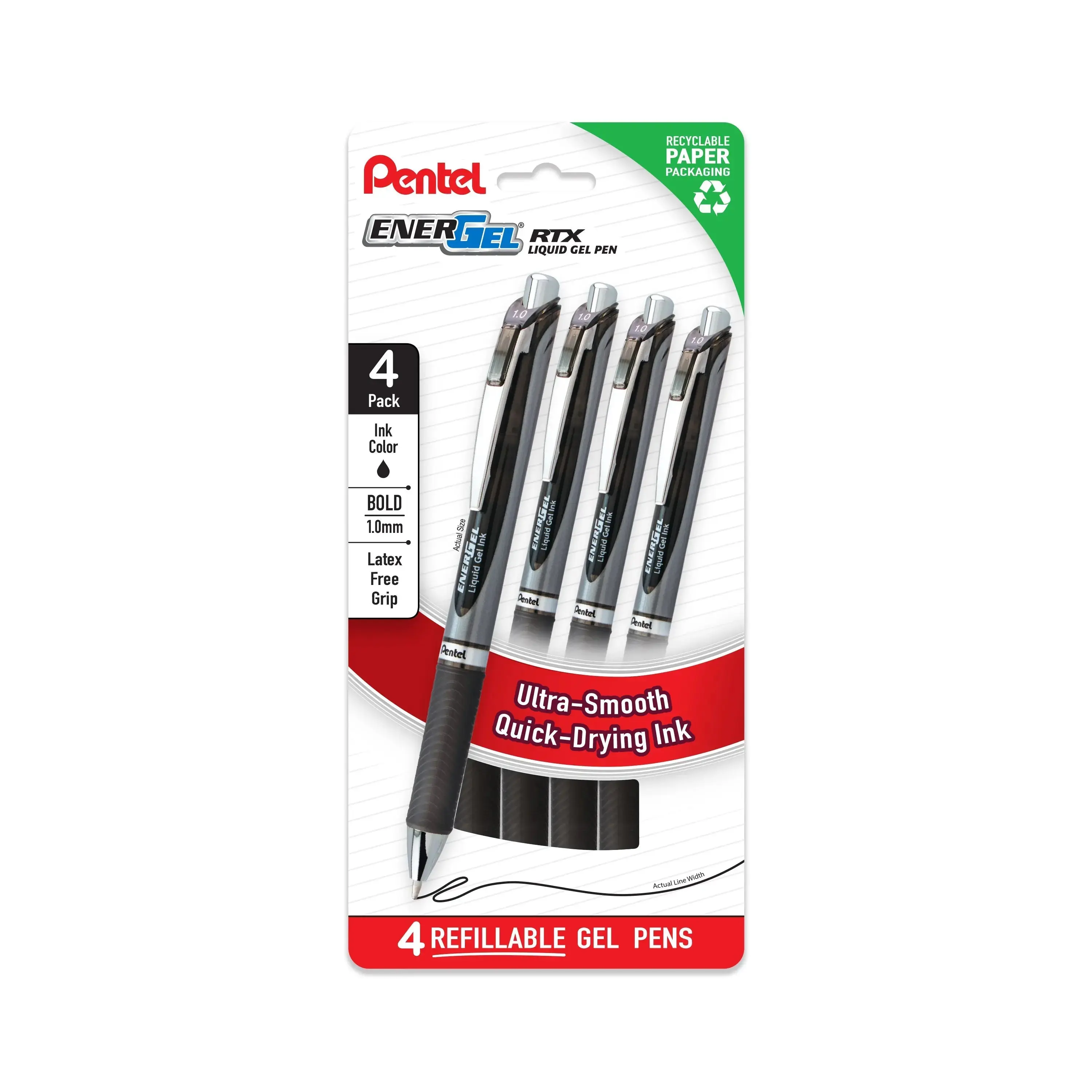 Pentel EnerGel RTX Stainless Steel Refillable Liquid Gel Ink Pens & Ink Markers - 1.0mm Bold Tip, Quick-Dry, Smooth-Writing, 4-Pack Office Stationery Supplies, Refillable Ink Markers