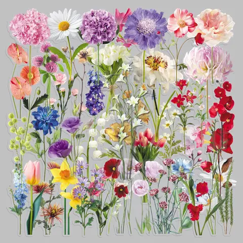 50 Realistic Flower Floral-themed Transparent PET Stickers, Suitable for Waterproof Decoration on Suitcases, Phone Cases, Laptops, Helmets, Skateboards, and Other DIY Creative Stickers.