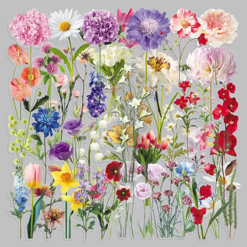50 Realistic Flower Floral-themed Transparent PET Stickers, Suitable for Waterproof Decoration on Suitcases, Phone Cases, Laptops, Helmets, Skateboards, and Other DIY Creative Stickers.