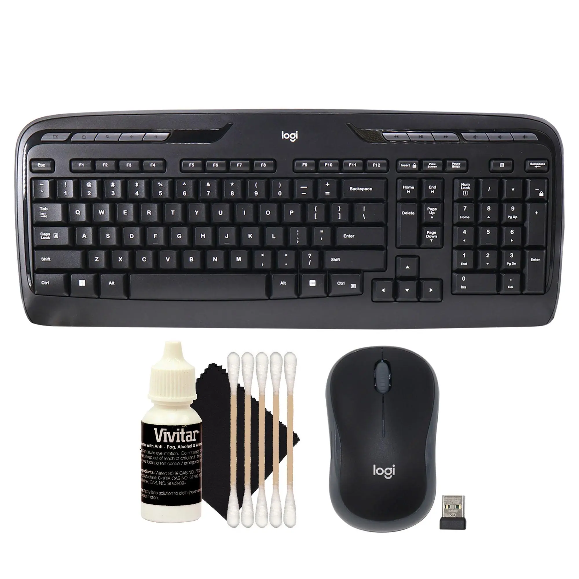 Logitech MK320 Full-Size 2.4GHz Wireless Membrane Keyboard and Mouse Bundle, Black, for PC + 3-Piece Cleaning Kit
