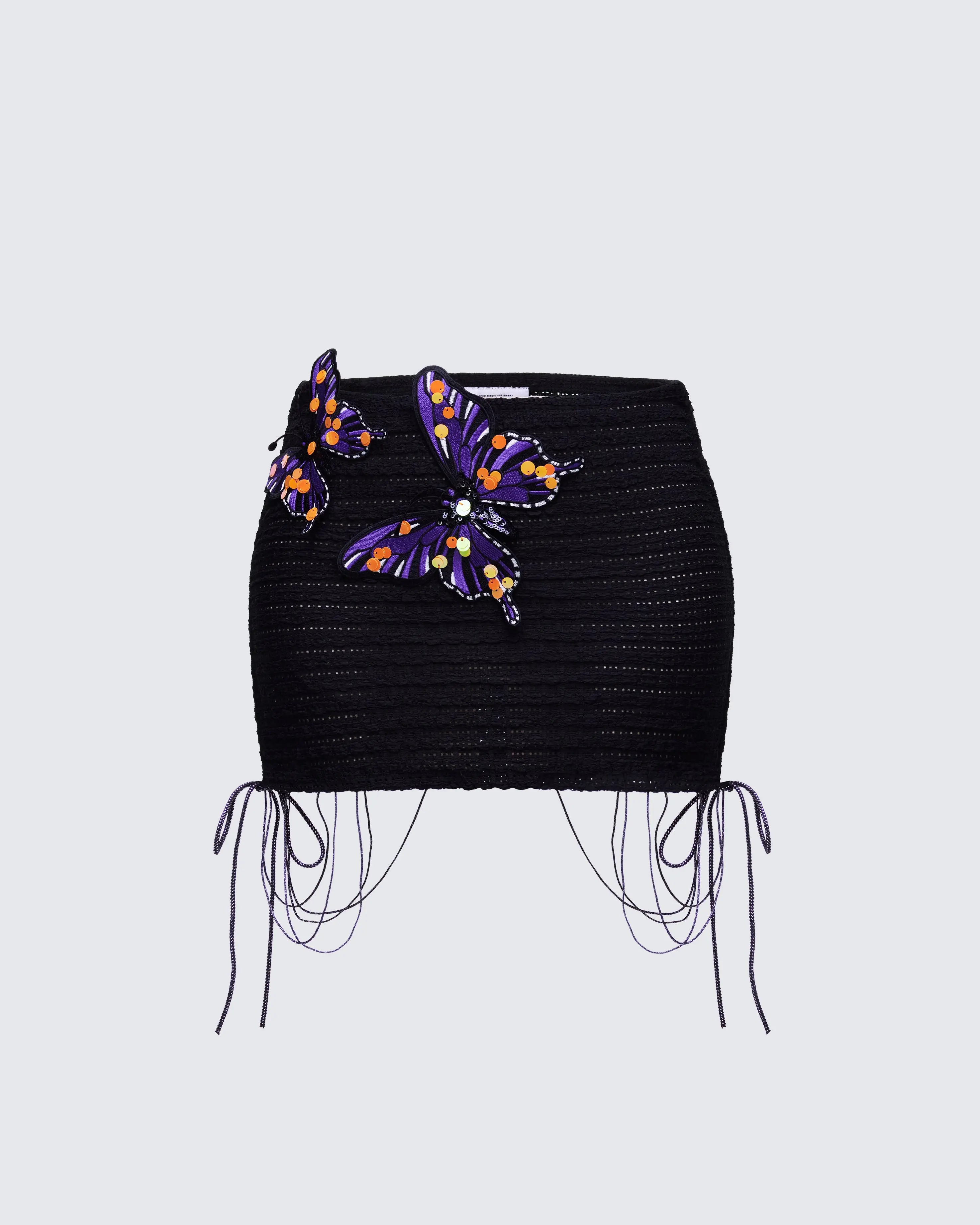 Women's Saffy Oversized Mini Skirt - Crystal Multi-Butterfly Applique, Ruched, Drawstring Adjustable Spandex Fitted Party Wear Bottoms