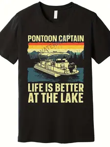 Men's & Women's 220gsm 100% Cotton Retro Nautical T-Shirt - "Life is Better at the Lake" Pontoon Boat Graphic Tee Black Short Sleeve Casual Cruise Shirt for Lake River & Boating Activities