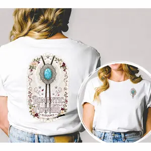 Romantic Cowgirl' Turquoise Bolo Tie Double-sided Print T-shirt American Western Romantic Style Casual Top