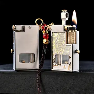 Full Metal Vintage Liquid Igniter with Clear Visible Oil Tank, Durable Compact Portable Ignition Tool, Ideal Present for Father and Male Collectors, No Fuel Included.