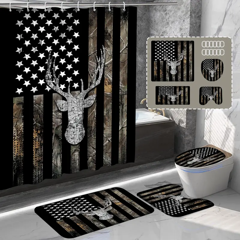 American Flag Elk Shower Curtain Set, Forest Animal Shower Curtain, Rustic Black Bathroom Decor Set, Party Backdrop, 71 * 71 inches, 12 Plastic Hooks Deer Head Motif Easy To Install