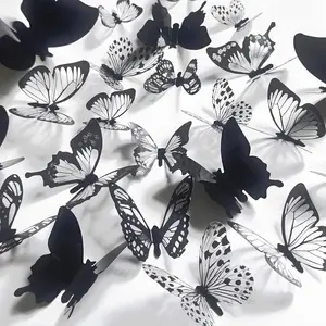 P-WPA030  3D Butterfly Wall Decor - 66Pcs Black Butterfly Decoration Party Cake Decorations - Removable Waterproof Wall Decal Birthday Home Room Decor Bathroom Bedroom Sticker & Murals Decorative Flowers