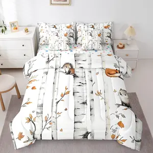 Cartoon Animals 7 Piece Comforter Set,Woodland Forest Bedding Set for Child Boys Girls Rustic Cabin Lodge Sheet Set