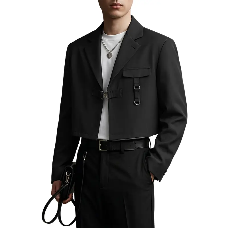 INCERUN Men's Fashion Cyberpunk Cropped Blazer - Long Sleeves, Streetwear, Metal Cyberpunk Buckle, Woven Fabric, Pocket Design - Menswear Punk Party, Clubwear Outfits