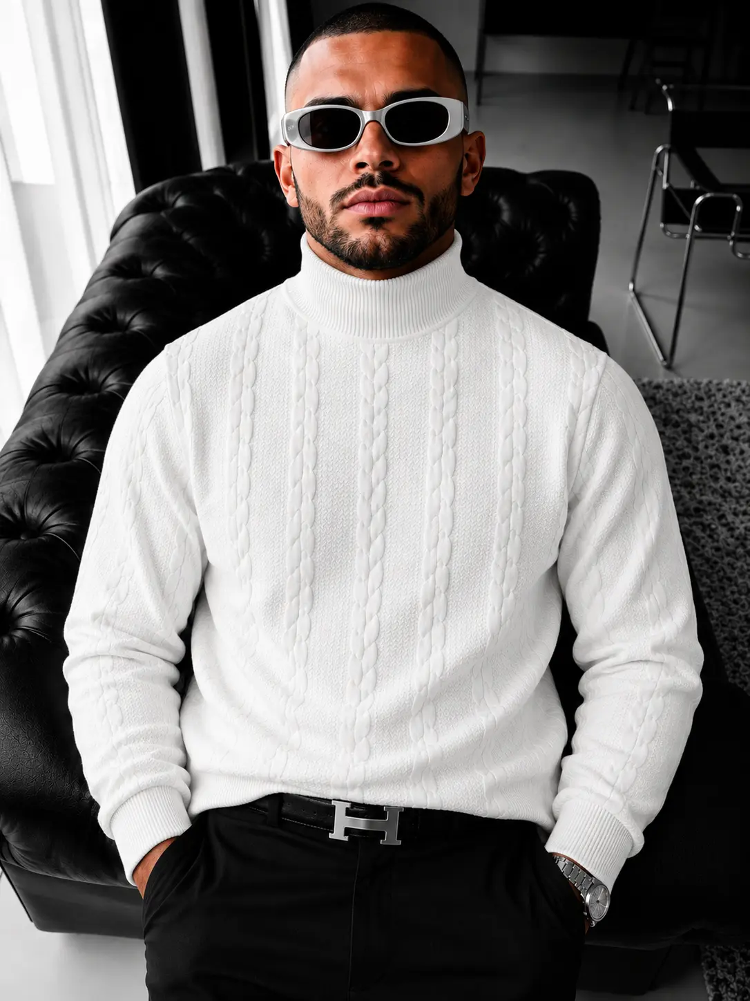 Men’s Turtleneck Cable Knit Sweater, Relaxed Fit Warm Pullover for Fall Winter Office, Commute, Outdoor Travel, Casual Weekend & Everyday Wear