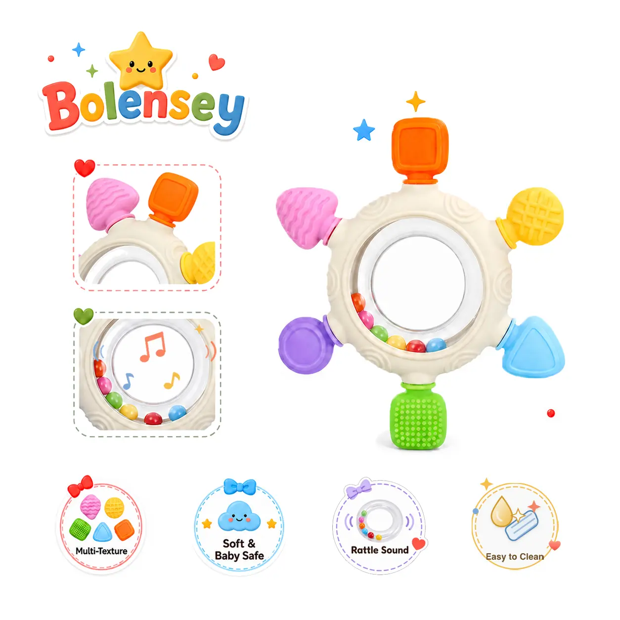 Bolensey Unisex Montessori Geometric Soft Silicone Soother Hand Teether Rattle - 6 Colorful Textured Shapes, Grip-Friendly Ring, Detachable ABS Beads, Multi-Texture Tabs, BPA-Free Baby Items, for 0-12 Months Care, Sensory Play