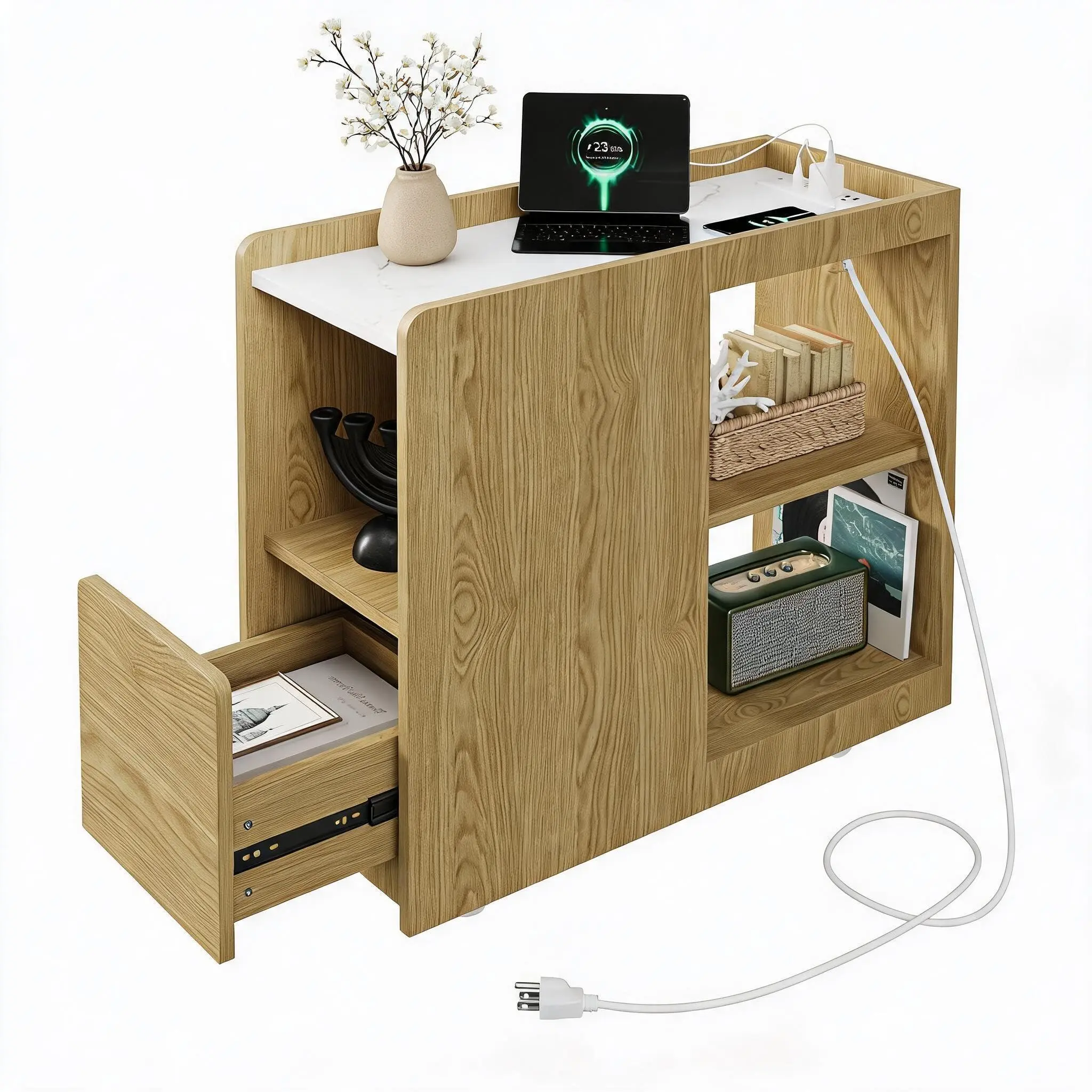 Narrow Rolling Side Table with Charging Station, Charging Port, Lockable Wheels, Drawer, Adjustable Shelf for Small Spaces in Living Room, Bedroom, Bedside Table, Charging Ports