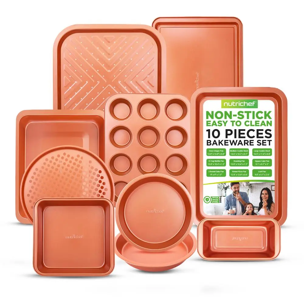 Nutrichef 10-Piece Reusable Metal Copper-Carbon Steel Nonstick Bakeware Set - Cake, Cup, Pastry Pans & Cookie Sheets - Oven-Safe, Freezer-Safe, Stackable Home Kitchen Essentials