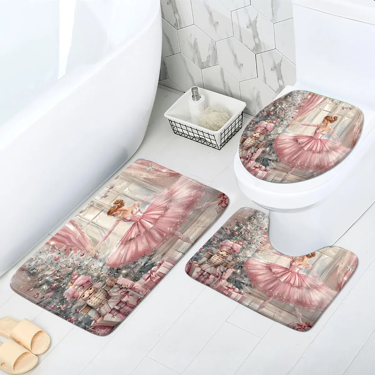3 Piece Christmas Oil-Paint Style Pink Ballerina & Nutcracker Bathroom Mat Set - Faux Cashmere Material, Soft & Comfortable, Anti-Slip, Suitable for Bathroom & More, Cozy Christmas Decor