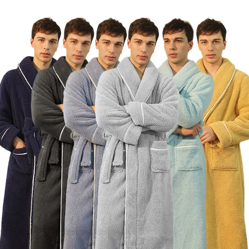 Menswear Classic Plush Cotton Fleece Bathrobe, Long Winter Loungewear with Shawl Collar, Elegant Loose Fit, Plus Size XXXL, Oversized, Fluffy, Wraparound Cut, Thick, Matching, Soft, Stylish, Deep Pockets, Aesthetic, Baggy, Fabric, Solid Colors, Plain