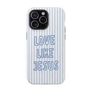 "Love Like Jesus" Christian Phone Case - Blue Stripe & Bible Verse Aesthetic Suitable for iPhone | Cover Suitable for iPhone 17 16 15 14 13 12 11 X,Samsung, and other series models.It makes a great holiday gift for friends or family.