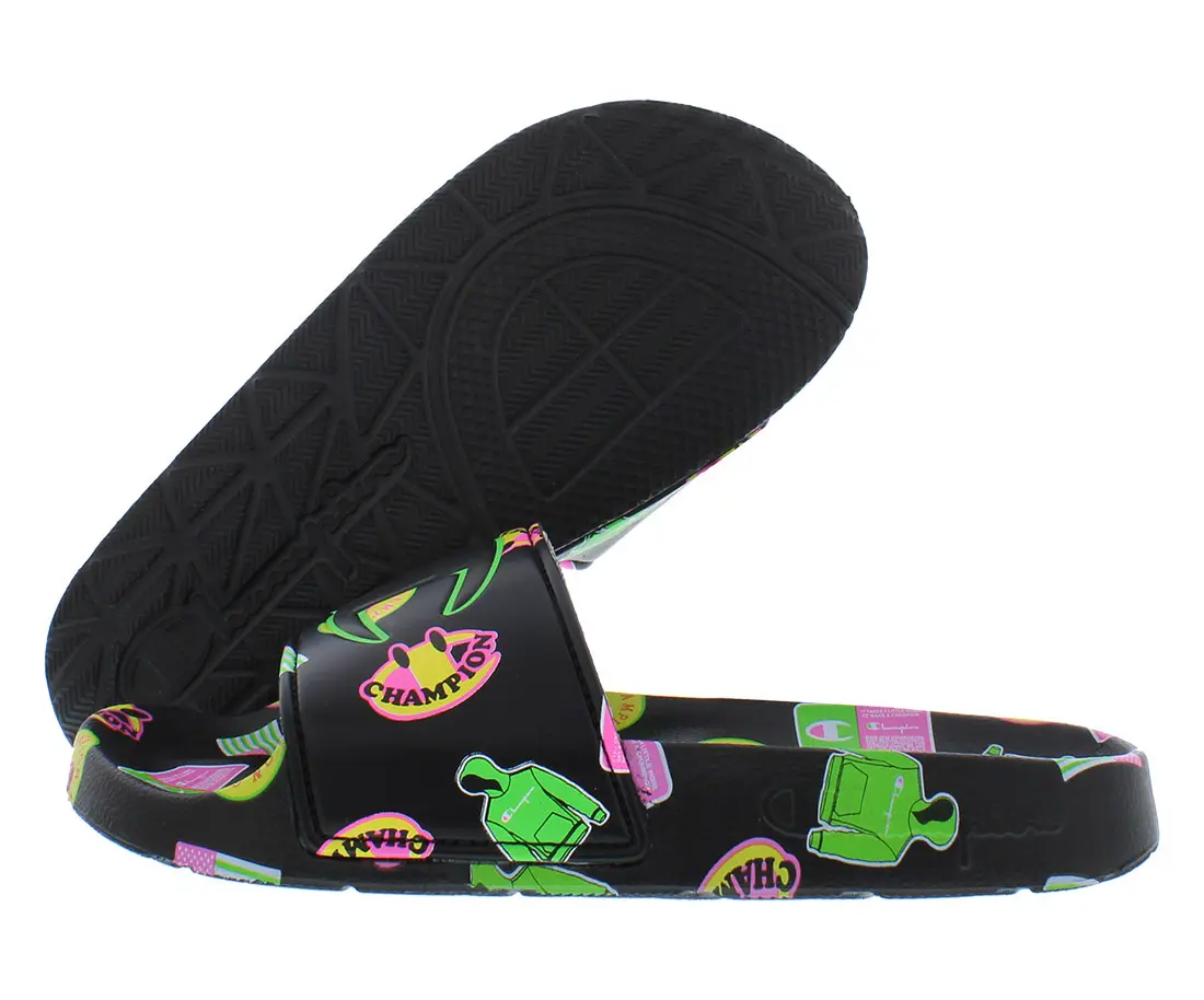 Kids' Champion Ipo Catch Graphic Slides - Casual Open-Toe Sports Shoes, Fast On/Off Slip-On Fit, Single Pair, Black/Multicolored Playtime-Ready Footwear (Kids Sizes)
