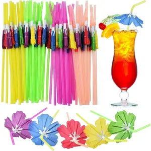 50 count Umbrella Straws, Long  Drink Umbrellas Fancy Flower Bar Straws for Tropical Summber Beach Luau Tiki Hawaiian Party Decorations - Hibiscus