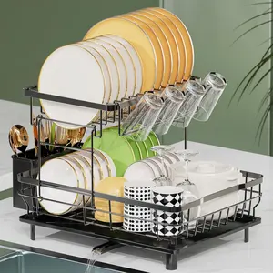Dish Drying Rack Over The Sink Drainer with Drainboard Utensil Holder Cup Holder, 2-Tier Black