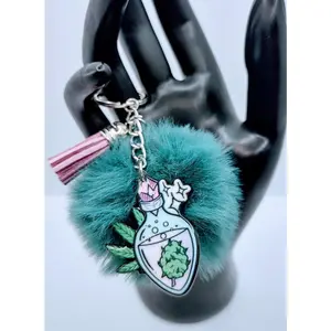 Green nug Potion Spell Acrylic Keychain with faux fur and tassel charm