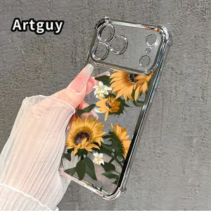 Four Corners Air Cushion Anti-drop Cell Phone Case for iPhone 17 Pro Max 16 15 Plus Air 14 13 12 11 E Golden Sunflower Cluster Pattern Electroplated Transparent Silicone Cover
