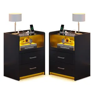 Sikaic 2 Pack LED Nightstand with 2 Storage Drawers Black Modern Bedside Table with Charging Station and Open Storage Space