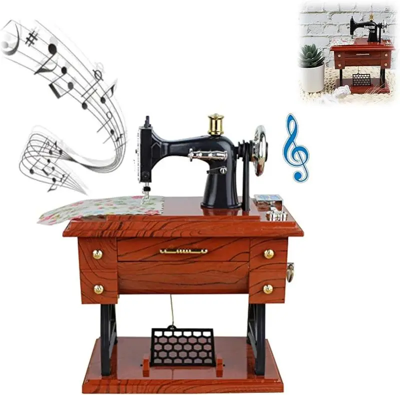 Retro Mini Clockwork Sewing Machine Music Box - Plastic Retro Desk Charm, Vintage Desk Touch Decoration Items, Ideal Birthday & Christmas Gift for Home