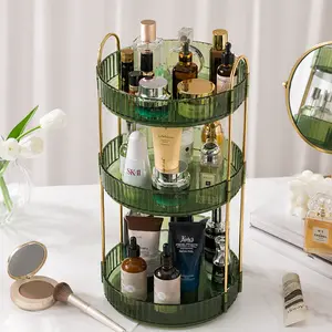 360 Rotating Makeup Organizer for Vanity, 3 Tier Large Capacity Skincare Perfume Storage Rack, Countertop Cosmetics Swivel Dresser Tray, Aesthetic Bathroom Makeup Organizers and Storage Unit with Premium Metal Pole Solid Sturdy Construction