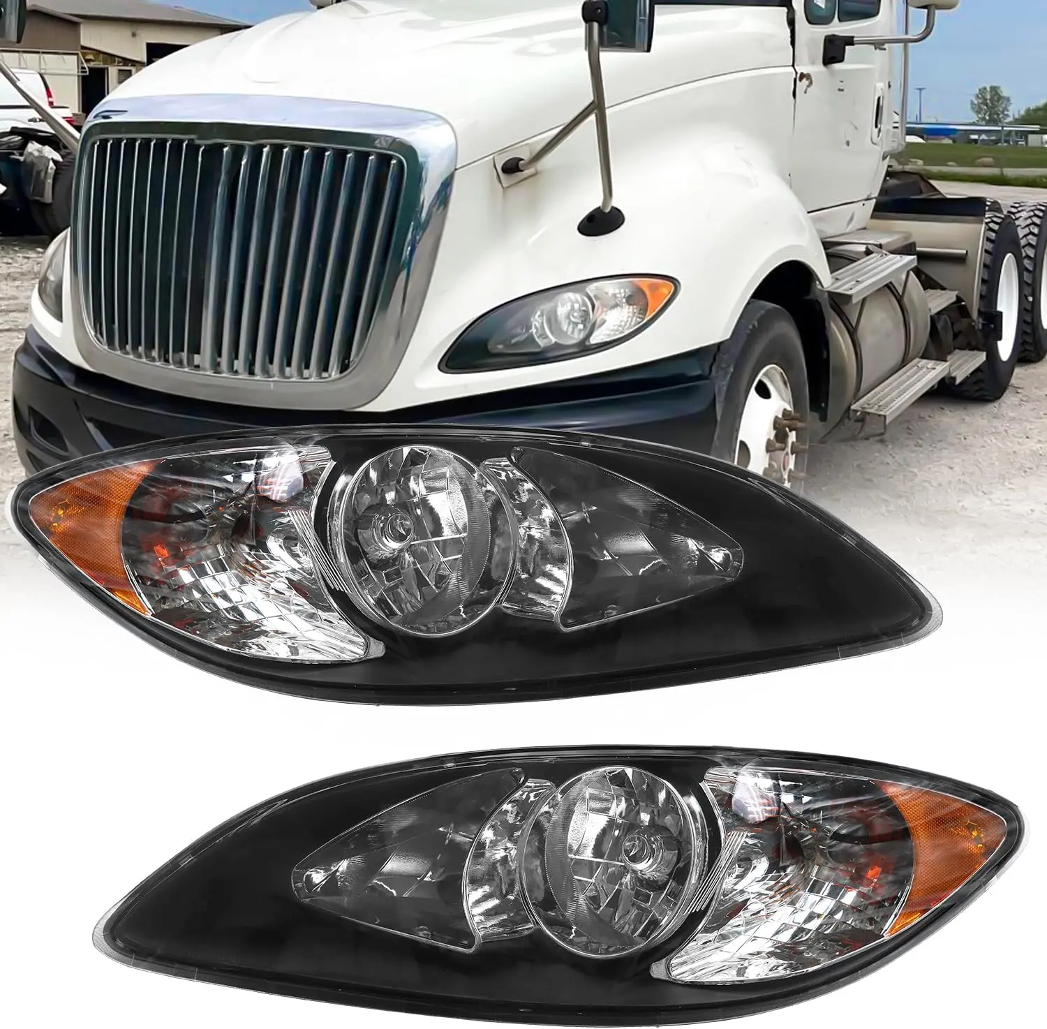 Halogen Headlight Assembly for 2008-2016 International ProStar Truck - Black Housing Replacement Headlamp OE 3596016C93 Front Head Lamp Driver Passenger Side Pair
