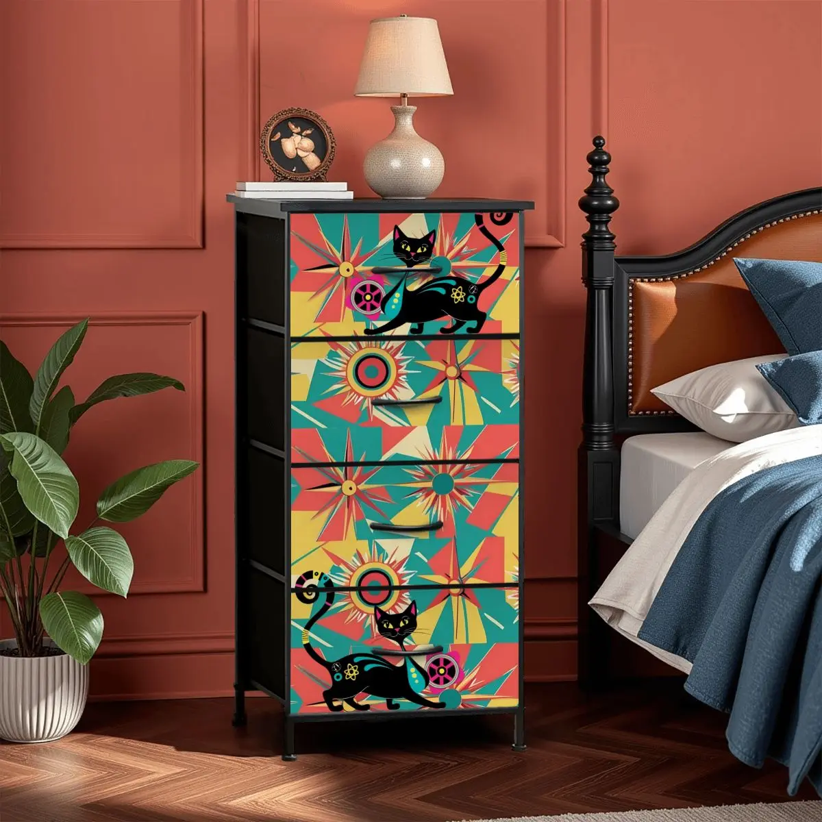 Mid Century Modern Atomic Cat, Coral, Yellow, Teal Mod Retro Funky 4-Drawer Dresser