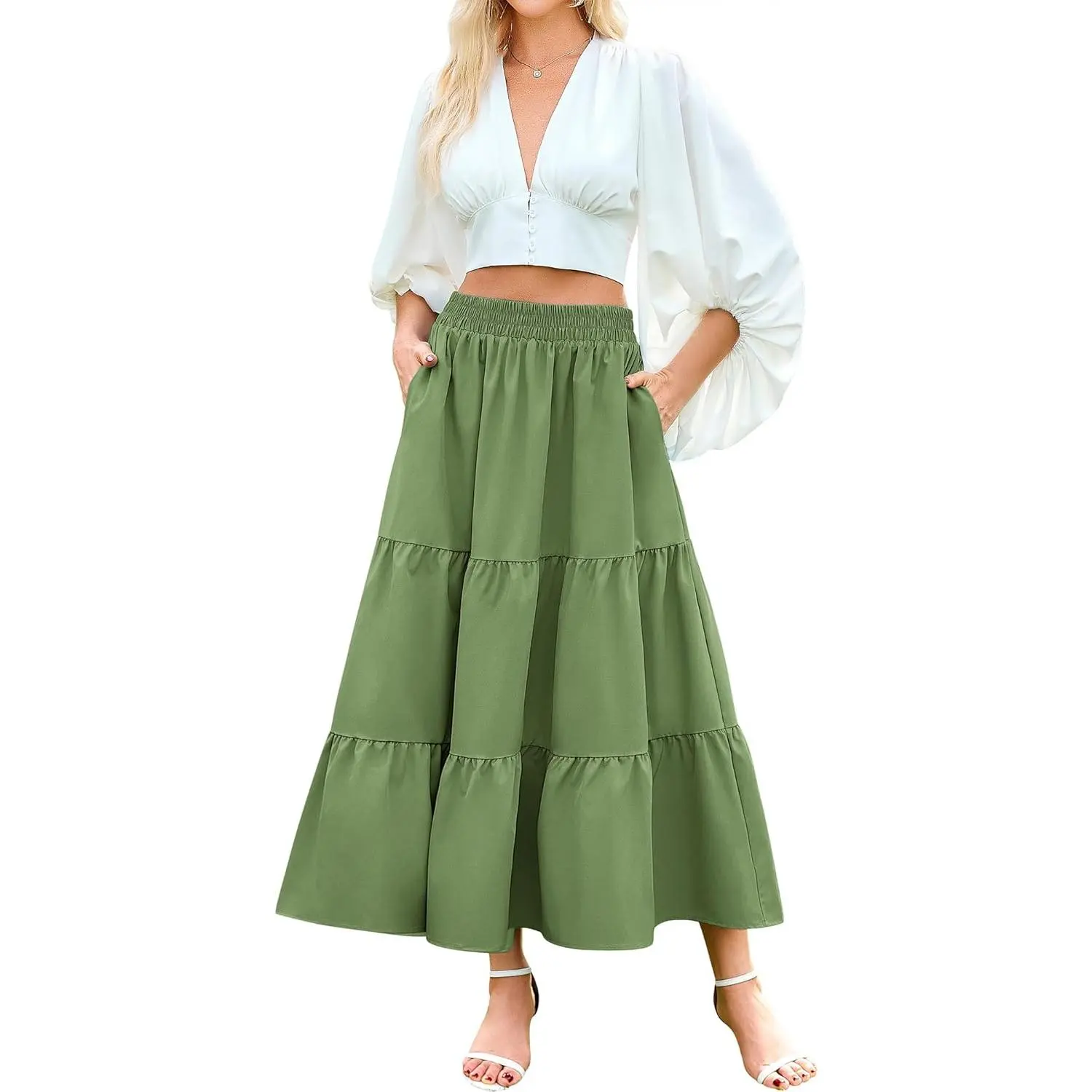 Women's High-Waist Elastic Pleated A-Line Tiered Flowy Ruffle Maxi Skirt with Pockets - Cute Floral Easter Womenswear for Summer Beach, Mother, Pair with Tops, Sweaters, Flannel, Blouse, Maxi Skirts, Cute Skirts