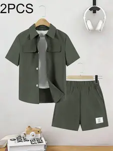 Boys' Casual Fashion Set, Summer Clothing Set, 2-Piece Plain Short Sleeve + Shorts, Comfortable and Trendy, Ideal for Daily Wear, Outdoor Activities, Parties