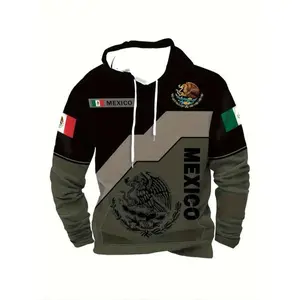 Men's casual hooded sweatshirt, retro Mexican eagle print, geometric pattern, suitable for all seasons