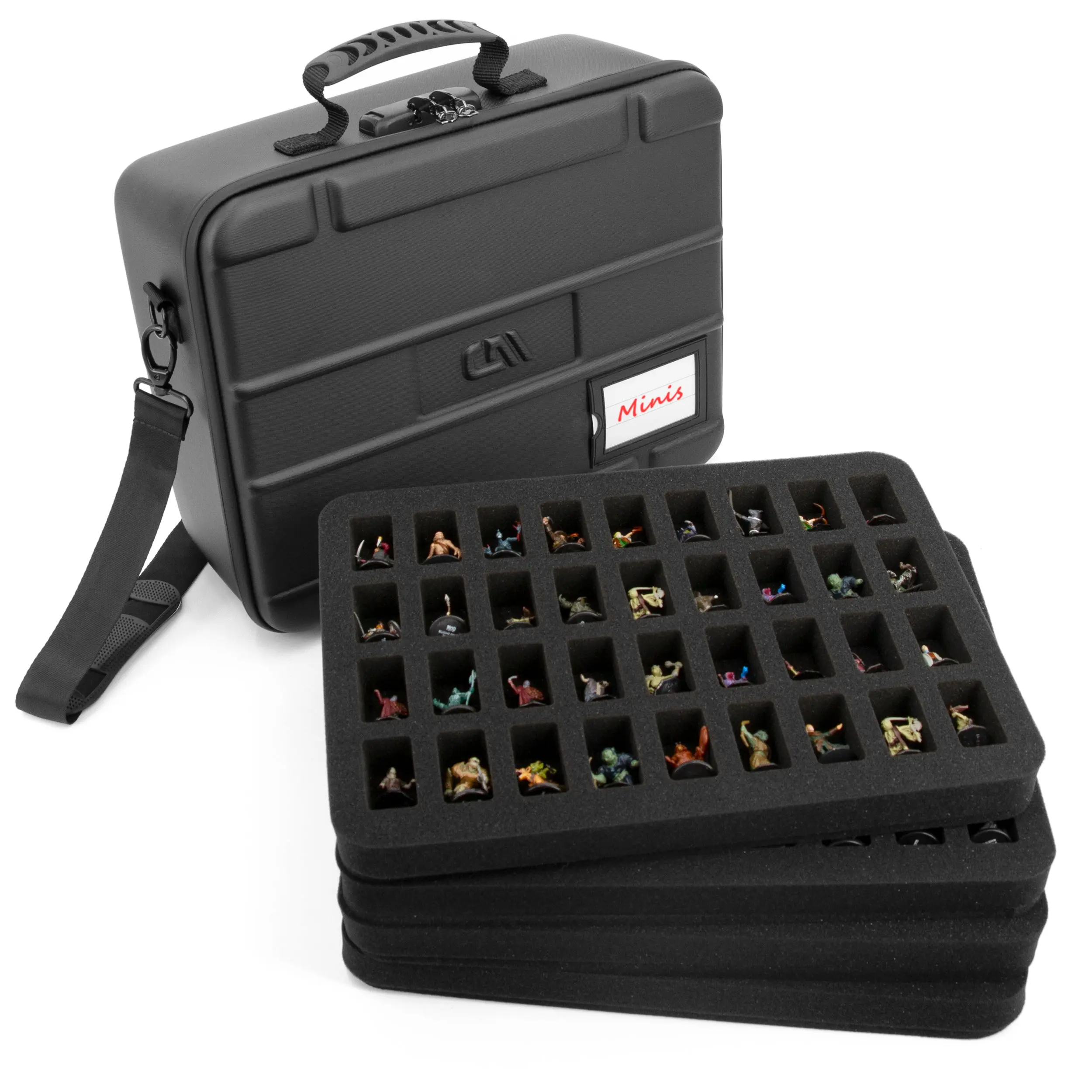 CASEMATIX Miniature Carrying Case with Programmable Lock - 144 Slot Storage Case with 4 Foam Trays for Minis, Adjustable Shoulder Strap & Hard Shell Protection