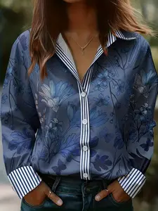 Women's Stand Collar Printed Shirt Blouse, Vintage Fashion Style, Casual Wear, Ladies' Clothing, Comfortable and Stylish