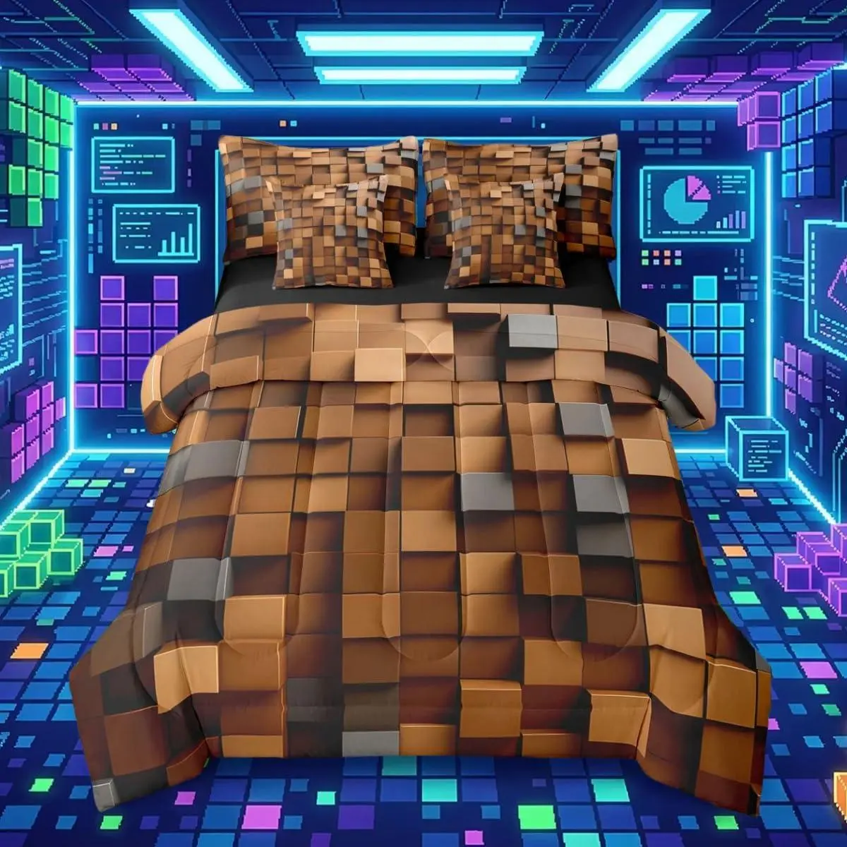 Pixelated Brown Grey 7 Piece Bedding Set ,Geometric Check Video Games Bed in a Bag for Boys Girls ,Gamepad Grid Comforter Set with Sheets,Pillowcases & Cushion Cover Microfiber Room Decor