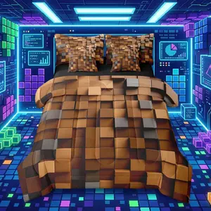 Pixelated Brown Grey 7 Piece Bedding Set ,Geometric Check Video Games Bed in a Bag for Boys Girls ,Gamepad Grid Comforter Set with Sheets,Pillowcases & Cushion Cover Microfiber Room Decor