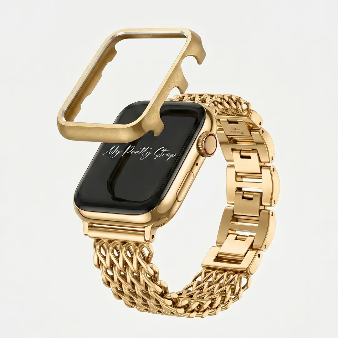 My Pretty Strap – Compatible Apple Watch Band & Cover – Stainless Steel iWatch Bundle for Women – Series 1–11, SE & Ultra (38MM / 40MM / 41MM / 42MM / 44MM / 45MM / 49MM) – Gold – Mermaid Strap & XOXO Cover