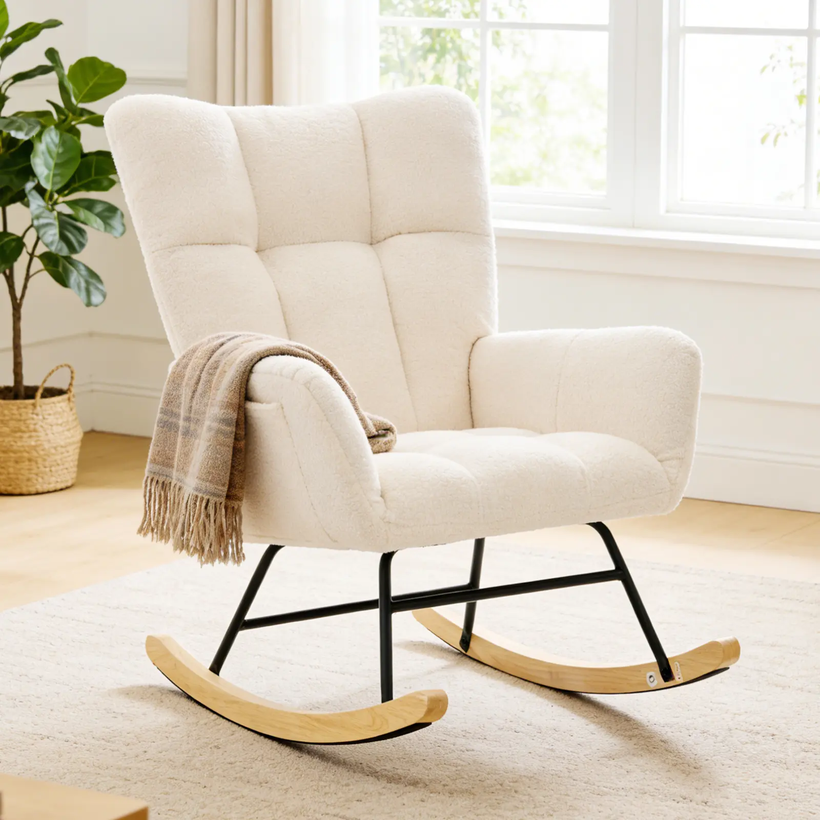 Sweetcrispy Eddy Upholstered Winged Back Rocking Accent Chair, Comfortable Cushioned Rocking Chair for Reading, Bedroom, Living Room, Comfortable Rocking Chairs, Cushioned Rocking Chairs Solid Wood Armchair Round Armchair
