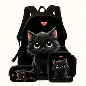 3Pcs Cute Black Cat Print Backpack Set Durable 600D Oxford Cloth School Bag Insulated Lunch Box & Pencil Case Combo Adjustable Breathable Strap Large Capacity Fits 15in Laptop for Kids Teens School Travel Outdoor Use