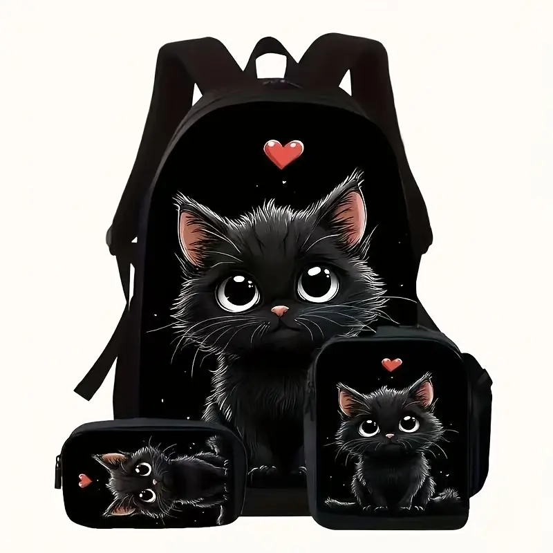 3Pcs Cute Kitten Print Backpack Set, 600D Polyester Oxford Cloth, Synthetic, 15in Laptop Fit, Insulated Lunch Box & Pencil Case, Top Handle, Adjustable Breathable Straps, for Back to School Haul Campus Life Kids Teens
