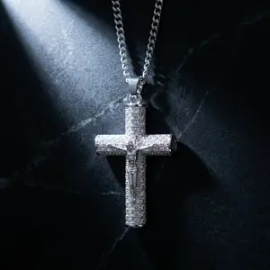 Sunselle Shiny Silver Crucifix depicting Jesus' suffering cross necklace, Unisex, Christian Religious dad Jewelry Gift iced-out faith  men teen jewelry cuban chain size elegant charm  gift-ready packaging