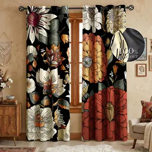 Tyrot Boho Floral 100% Blackout Curtains for Bedroom 2 Panels Mid Century Botanical Black Out Curtains for Living Room Grommet Thermal Insulated Room Darkening Window Drapes